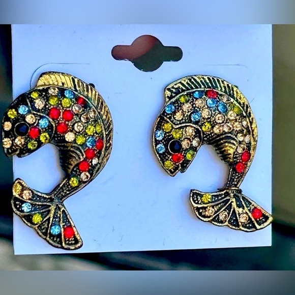 Jewelry - Vintage Fish Earrings Gold Tone Rhinestone Multicolor Statement Pierced Jewelry
